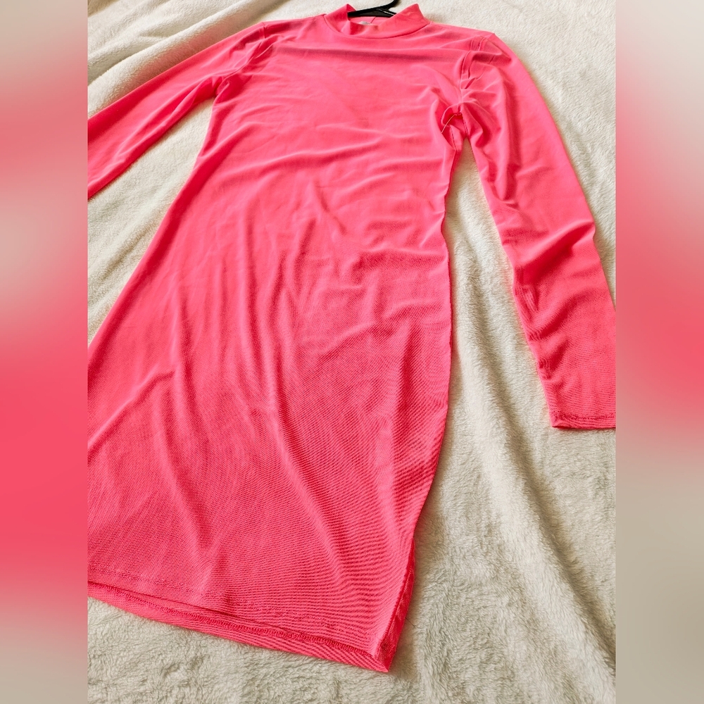 Almost Famous Neon Pink Mesh Long Sleeve Dress